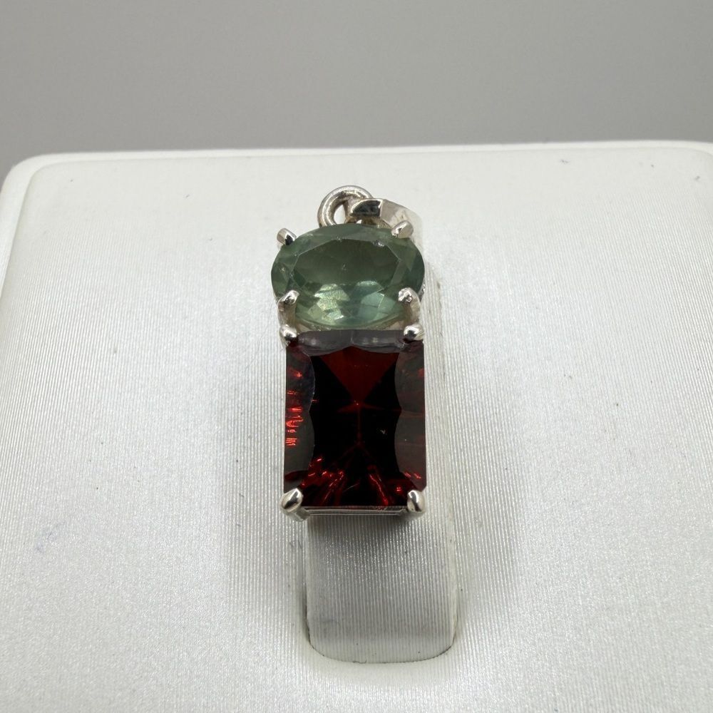 NWOT faceted 5x7mm Prasiolite and 7x9mm Garnet pendant in sterling silver!